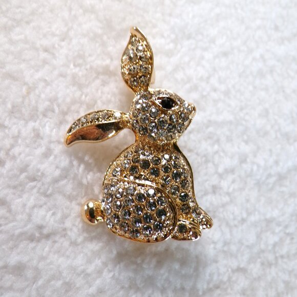 Lovely Rhinestone Rabbit Gold Brooch 2 1/4" - Picture 4 of 10